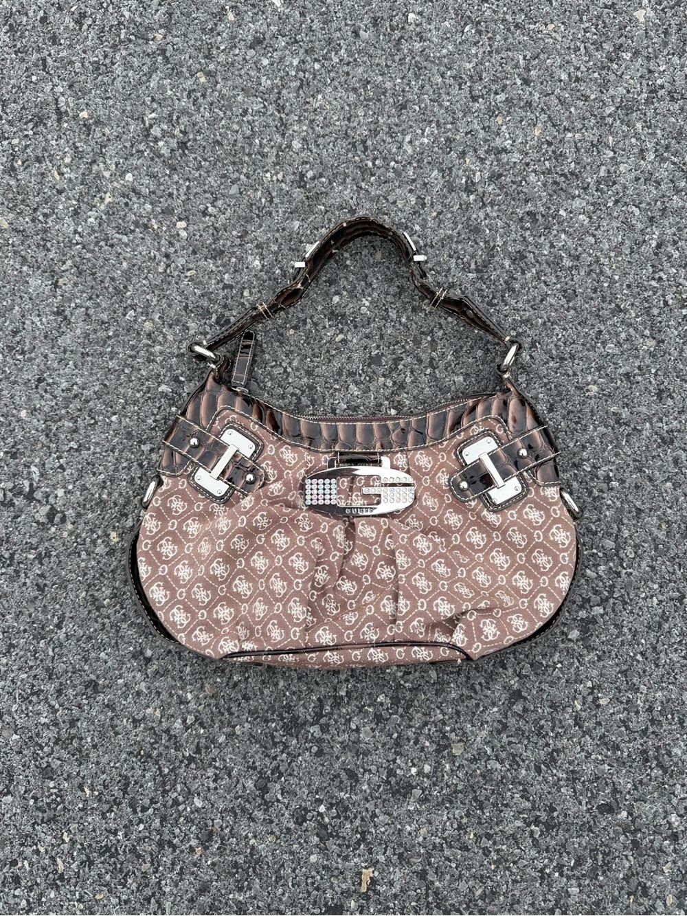 Vintage Guess Monogram Beige Faux Python Leather Denim Y2K Purse Handbag 2000s